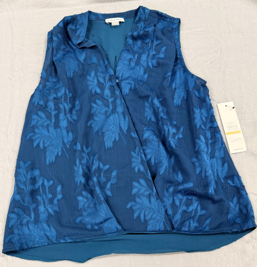 Calvin Klein Womens Sleeveless Floral Burnout Blouse Top Teal Size Small NWT